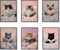 6 Piece Cat Reading Wall Art Prints, Cute Kitty Canvas Poster Set