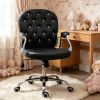 Black PU Leather Makeup Vanity Chair Button Tufted with Padded Armrests Adjustable Height Swivel Wheels Computer Task Chair