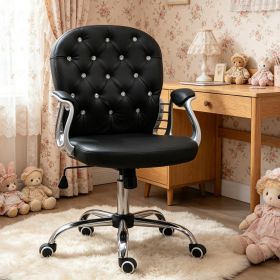 Black PU Leather Makeup Vanity Chair Button Tufted with Padded Armrests Adjustable Height Swivel Wheels Computer Task Chair
