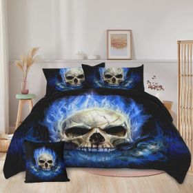 4 Piece Blue Fire Skull Comforter Set, 3D Skeleton Printed Bedding With 1 Comforter, 2 Shams, 1 Cushion Cover, Black Queen Size (Option: Queen-Black)