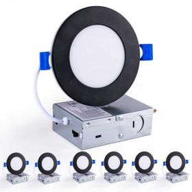 6 Pack 4 Inch Black LED Recessed Light, Dimmable, 2700K-5000K 5CCT, 800LM High Brightness, 9W 120V, Ultra-Thin Canless Wafer Light (Option: Default)